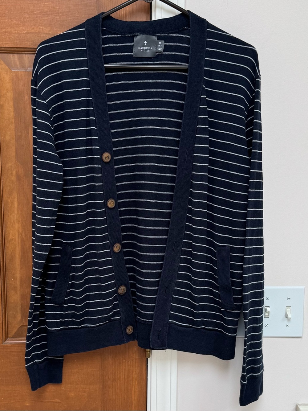 Hawkings McGill navy blue and white striped unisex cardigan Urban Outfitters.